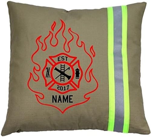 Fully Involved Stitching Firefighter Personalized Tan Throw Pillow with Flame Maltese Cross