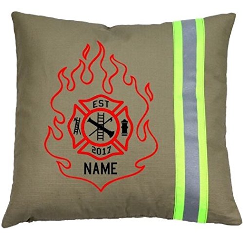 Fully Involved Stitching Firefighter Personalized Tan Throw Pillow with Flame Maltese Cross