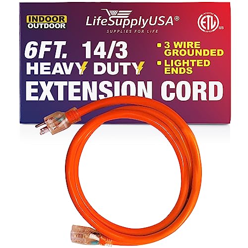 6 Ft Power Extension Cord Outdoor & Indoor Heavy Duty 14 Gauge/3 Prong Sjtw (Orange) Lighted End Extra Durability 15 Amp 125 Volts 1875 Watts Etl Listed By Lifesupplyusa #TOP12