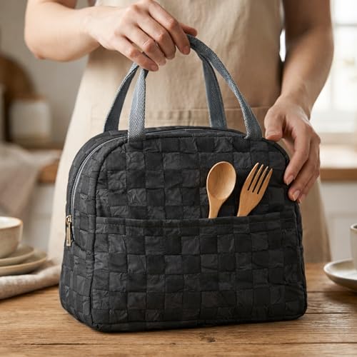 Image of The Earth Store Black Check Insulated Lunch Bag for Office, Men, Women | Travel Tiffin Bag with Handle, Waterproof & Leakproof | Reusable Thermal Lunch Box Bags