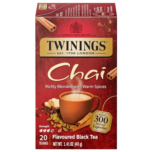 Twinings Chai Black Tea Individually Wrapped Bags, 20 Count (Pack of 1), Sweet, Savoury Spices, Caffeinated, Enjoy Hot or Iced, 20 Teabags