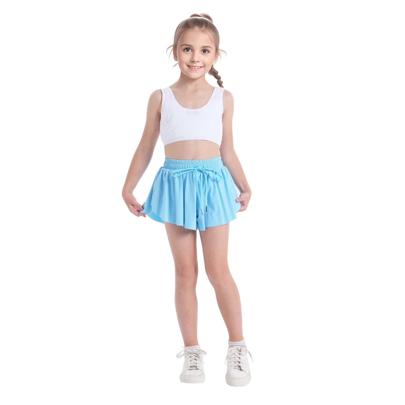 Girls Flowy Skirt Shorts Preppy Shorts 2 in 1 Butterfly Running Shorts with Pockets for Dance School Wear Gym Fitness Sleep