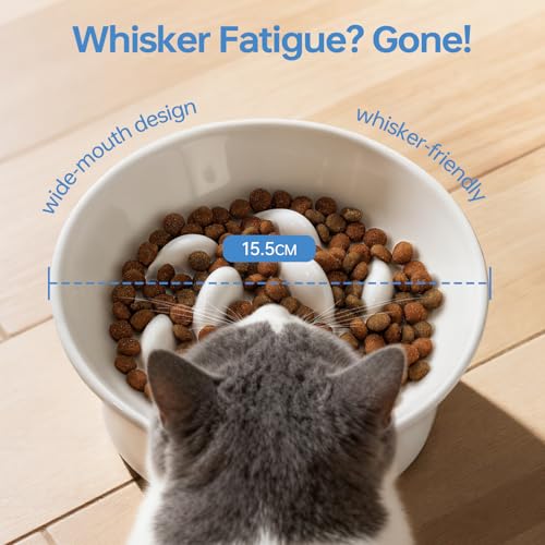 IDOGCHEW Keramik Anti Schling Napf Katze Erhöht, Neigung für gesündere Halswirbel, Slow Feeder für Nassfutter, Antischlingnapf für Katzen und Kleine Hunde, Weiß