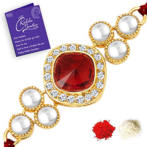 Image of Sukkhi Rakhi for Brother Stylish Kundan Combo & Designer Gold Plated with Roli Chawal & Greeting Card Set of 2