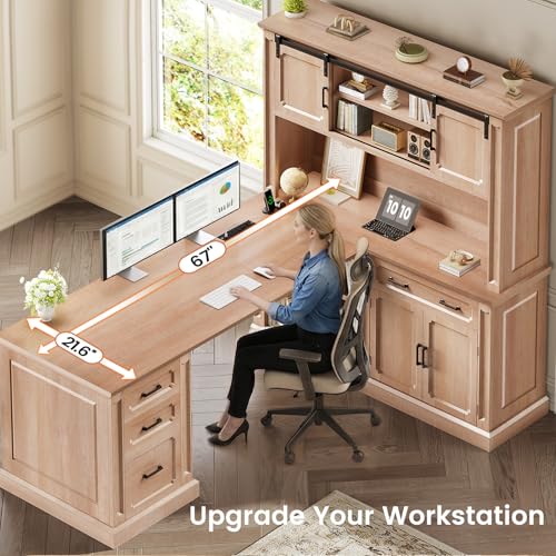 Image of SEDETA 67 inch Farmhouse Desk with Hutch, L Shaped Office Desk with 4 Drawers & Storage Cabinet, Executive Corner Computer Desk with Sliding Doors, File Drawer & Power Outlet for Home Office, Oak
