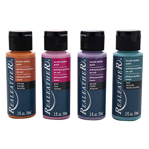 Realeather F2604-03 Acrylic Leather Paint Set, Full Coverage, Waterproof Paint 2 Fl. Oz. Bright Colors, Orange, Turquoise, Purple, Pink, 4-Pack