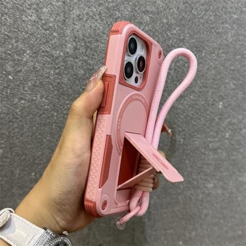 Coque iPhone 17 Pro avec dragonne de charge sans fil et support rigide rose
