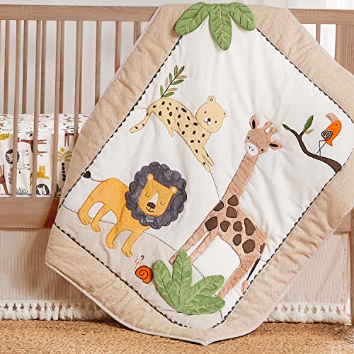 Levtex Baby - Zuma Crib Bed Set - Baby Nursery Set - Jungle - Taupe, Green, Brown, Cream - Jungle Animals - 4 Piece Set Includes Quilt, Fitted Sheet, Wall Decal & Crib Skirt/Dust Ruffle #TOP4