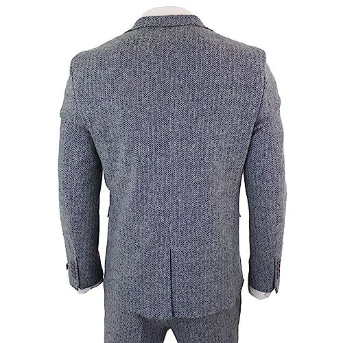 Mens Light Grey 3 Piece Tweed Suit Herringbone Wool Vintage Retro #TOP6