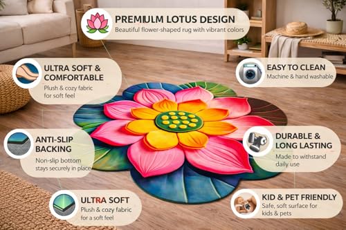 Image of 3D Lotus & Floral Door Mat | Water Absorbent, Anti-Skid, Machine Washable Floor Mat | Soft Microfiber Carpet for Home, Living Room & Bedroom | Premium Decorative Mat (24x24 Inch, 300g) (Pink, Lotus)
