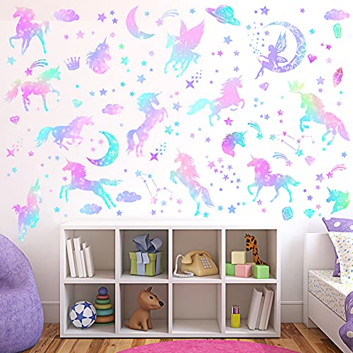 4 Sheets of Unicorn Peel and Stick Wall Decal Glitter Unicorn and Fairy Wall Stickers Cartoon Wall Decals Removable DIY for Bedroom Playroom Living...
