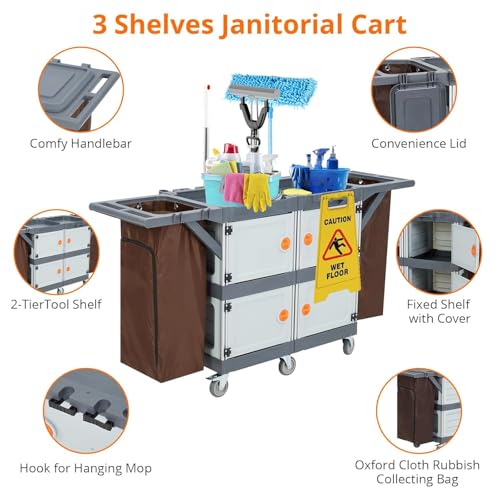 Image of Commercial Janitorial Cart with 4 Cabinet, Cleaning Cart with Wheels and Large Capacity Vinyl Bag, Housekeeping Carts
