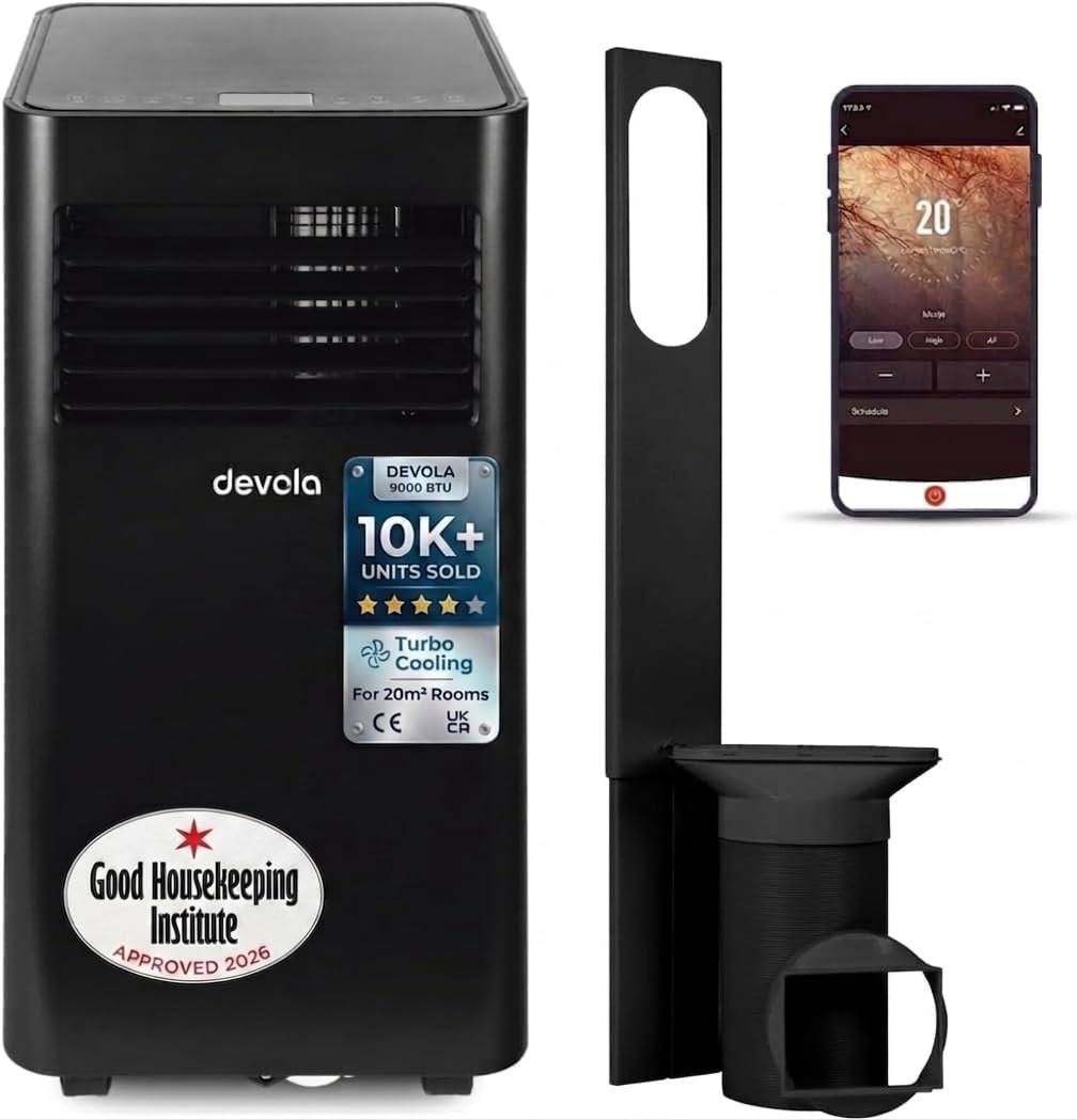 Devola 9000 BTU WiFi Portable Air Conditioner, 4-in-1 Cooling, Dehumidifier Fan Modes & Sleep Mode, 24H Timer, 2 Window Venting Kit Included, Air Conditioning Unit For Rooms Up to 20㎡ (Black)
