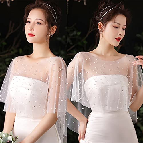 Women Sheer Pleated Wedding Shawl Rhinestone Pearl White Capelet Bolero Shrug White, 150-180cm(59.06-70.87in)2