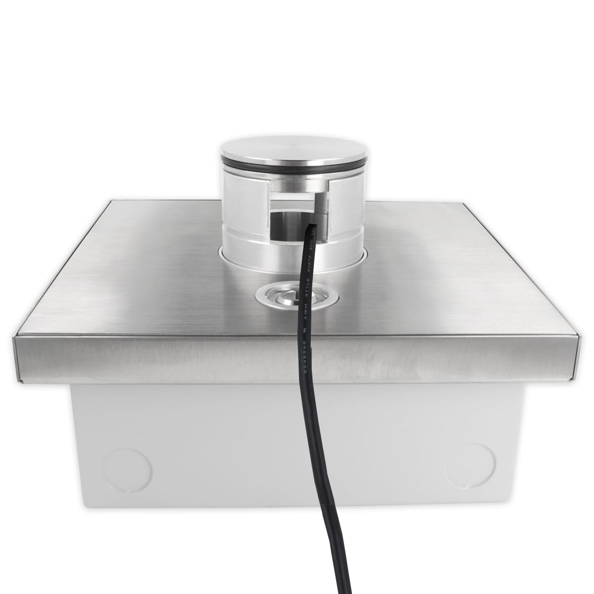 Edelstahl Bodentank mit verschließbarem Klappdeckel mit Tubus Kabelauslass Bodensteckdose IP54 individuell bestückbar Platz für 8 bzw. 16 Module