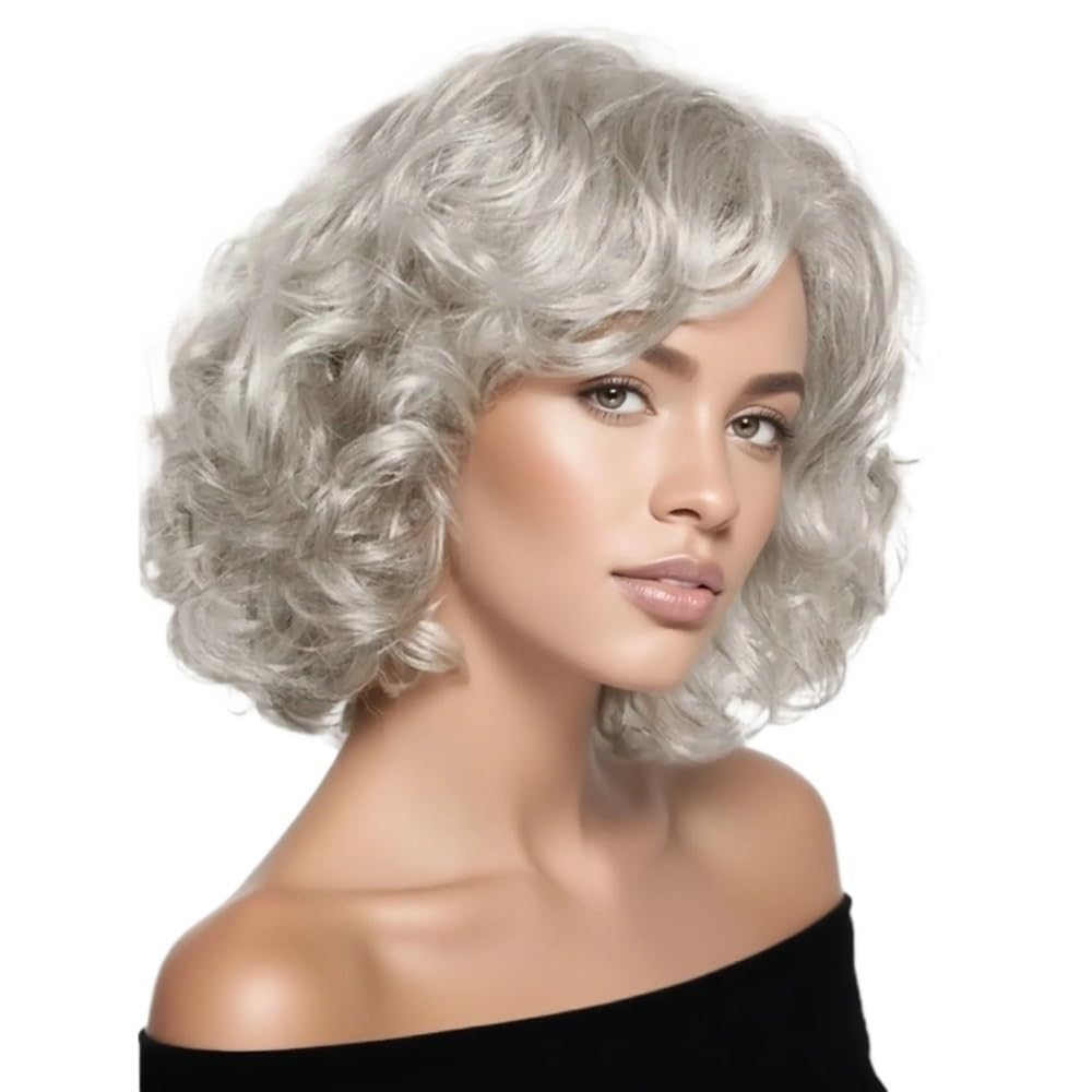 Krótka brązowa peruka dla kobiet, puszyste kręcone syntetyczne włosy, peruka z boku, mieszany blond, ombre blond, naturalne peruki na Halloween (Silver Grey)