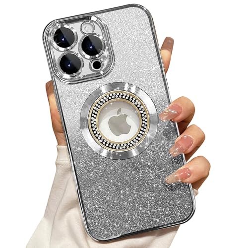 Image of Misscase for iPhone 14 Pro Max Magnetic Glitter Case Compatible with MagSafe,Full Protection Slim Shockproof Anti-Scratch Case with Camera Lens Protector Logo View Dust-Proof Net for Women Sliver