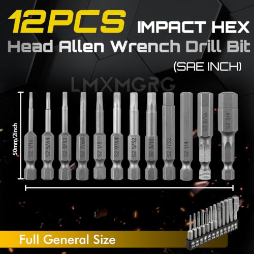 Image of 12PCS Hex Head Allen Wrench Drill Bit Set,SAE Hex Bit Set,1 /4 Inch Square Shank Impact Hex CNC Machined Screwdriver Bits(50mm)