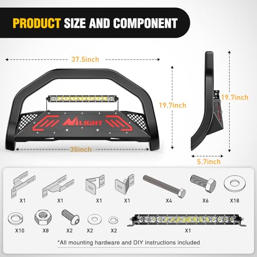 Image of Nilight Bull Bar with Light fits Chevy Colorado (Excl. ZR2) 2015-2022 & GMC Canyon 2015-2022 Front Bumper Grille Brush Push Guard with Skid Plate Licence Plate Hole Black