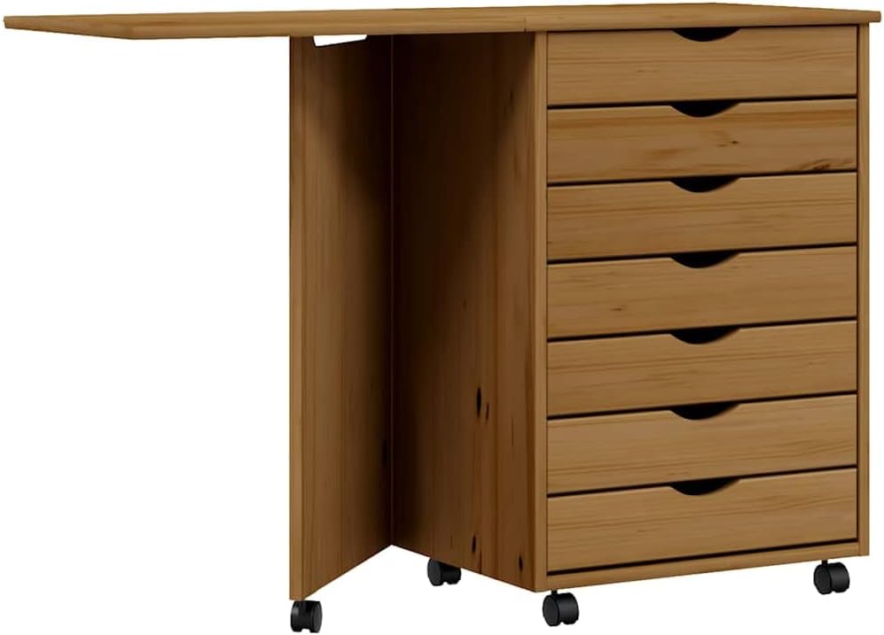 Moss 7-Drawer Chest with Foldable Desk, Solid Pine Wood Mobile File Cabinet, Storage Cabinet on Wheels, Chest of Drawers for Home Office, Easy Assembly & Maintenance, Honey Brown
