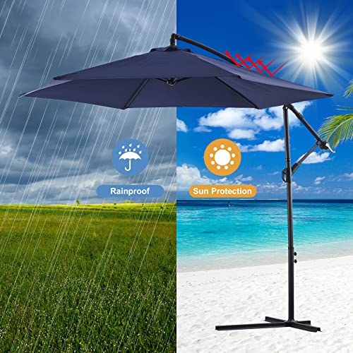 TUKAILAI 10ft Cantilever Patio Umbrella, Offset Hanging Outdoor Table Umbrella with Tilt Crank, 6 Sturdy Ribs and Cross Base, UV 50+ Protection Sun Shade for Market, Garden, Backyard & Pool (Navy Blue) - Thumbnail 4