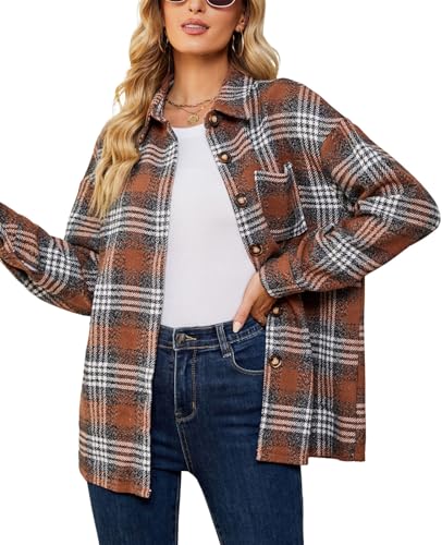 utcoco Women's Retro Plaid Shacket Oversized Button Down Jacket Woolen Coat Fall Winter Casual Outwear