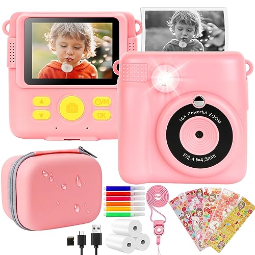 NICEWIN Kids Camera Instant Print for Girls Boys – Digital Camera with Print Photo Paper for Kids with Storage Case 1080P HD, Birthday Gifts Toy for 3-12 Year Old 6 Colour Pens 32GB SD Card (Pink)