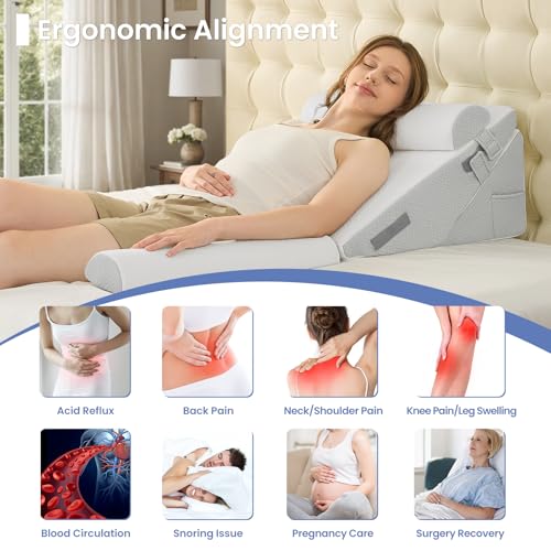 Sasttie Wedge Pillow Set for After Surgery, 4PCS Adjustable Bed Wedge Pillow Headboard with Memory Foam Neck Cushion – for Acid Reflux, Sleeping, Neck & Back Support, Light Grey & White