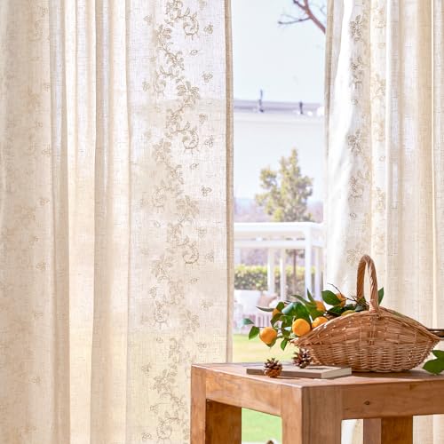 Image of jinchan Floral Linen Curtains, Back Tab 50x63 Inch, 2 Panels Ivory