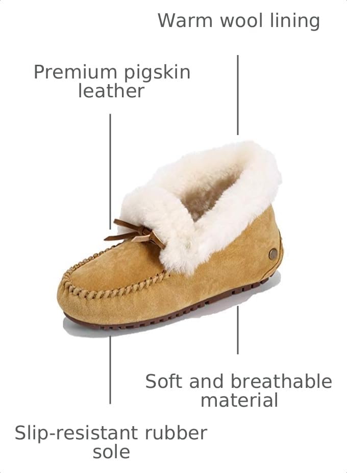 Image of Women's Moccasin Slippers with Warm Wool Lining, Pigskin Leather Non-Slip Rubber Sole for Indoor and Outdoor Casual Winter Flat Shoes