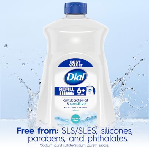 Image of Dial Antibacterial & Sensitive Liquid Hand Soap Refill, Hypoallergenic, Fragrance Free, 52 fl oz (Pack of 3)