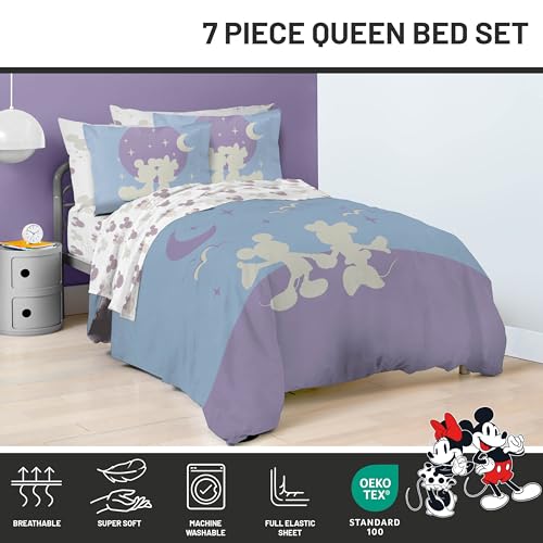 Image of Disney Mickey and Minnie Mouse Queen Comforter Set 7 Piece Bedding, Grey | Bed in a Bag, Comforter Sheets Shams Pillowcases, Official Product, Soft Microfiber, Machine Washable, Kids Gift