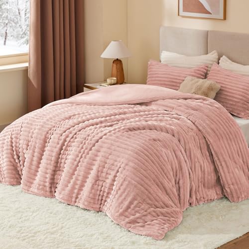 BEDELITE Fleece Queen Comforter Set, Fluffy Bed Set, Dusty Pink