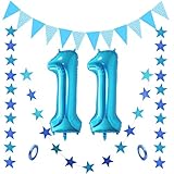 🎈 11 ° CUMPLEAÑOS DECO AZUL - Juego de 11 globos de papel de aluminio: 32 "(azul) Estandarte con purpurina azul Estandarte con bandera triangular azul 1 * cinta de globo. Mano de obra de alta calidad, para una sorpresa exitosa.