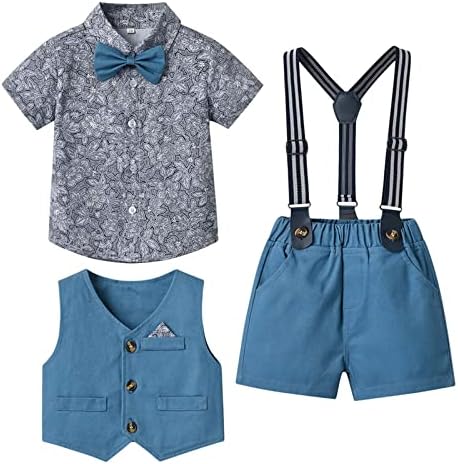 Wolfast Boys Spring Short Sleeve Top Strap Shorts Suit Toddler Outfit Solid Color Shirts Baby Photography Performance Set (5 Years, Blue)
