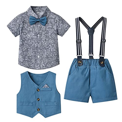 Wolfast Boys Spring Short Sleeve Top Strap Shorts Suit Toddler Outfit Solid Color Shirts Baby Photography Performance Set (5 Years, Blue) #TOP3
