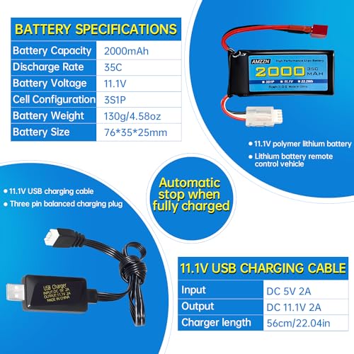 Batterie Lipo 3S 11.1V 2000mAh 35C avec prise T et chargeur USB pour drone