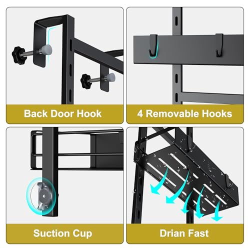Orimade Adjustable Over-The-Door Shower Caddy with 4 Hooks and Suction Cups - Rustproof 2-Tier Organizer in Black