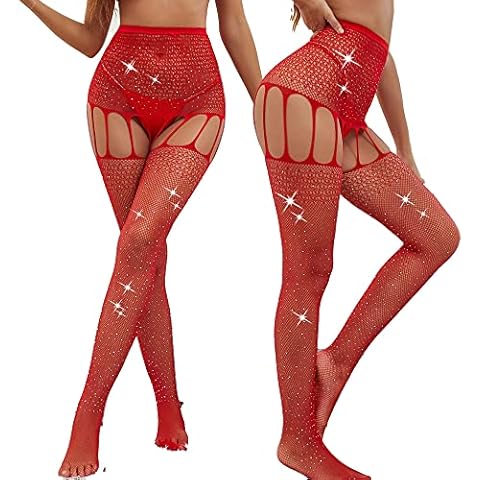 Verterosie Women's Sparkling Rhinestone Tights Garter Belt Glitter Tights for Sexy Women Fishnet High Waist (red 1) Cover
