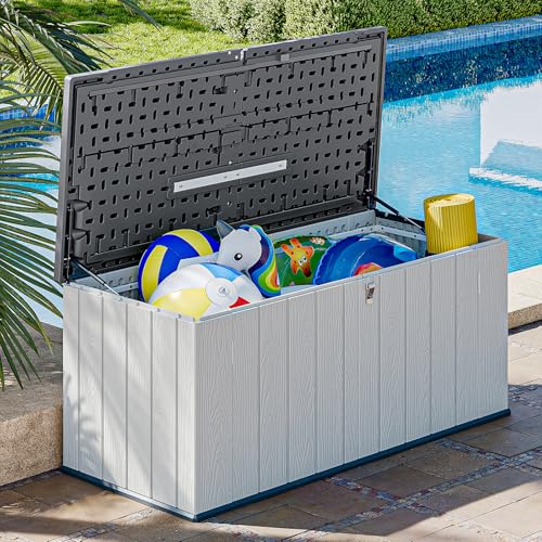 Image of AOXUN Horizontal Storage Sheds 21 Cu.ft, HDPE Outdoor Storage Box 160 Gallon, Waterproof Lockable Resin Deck Box with Spring-Assisted Lid, Patio Storage for Garden, Pool, Cushions, Tools, White