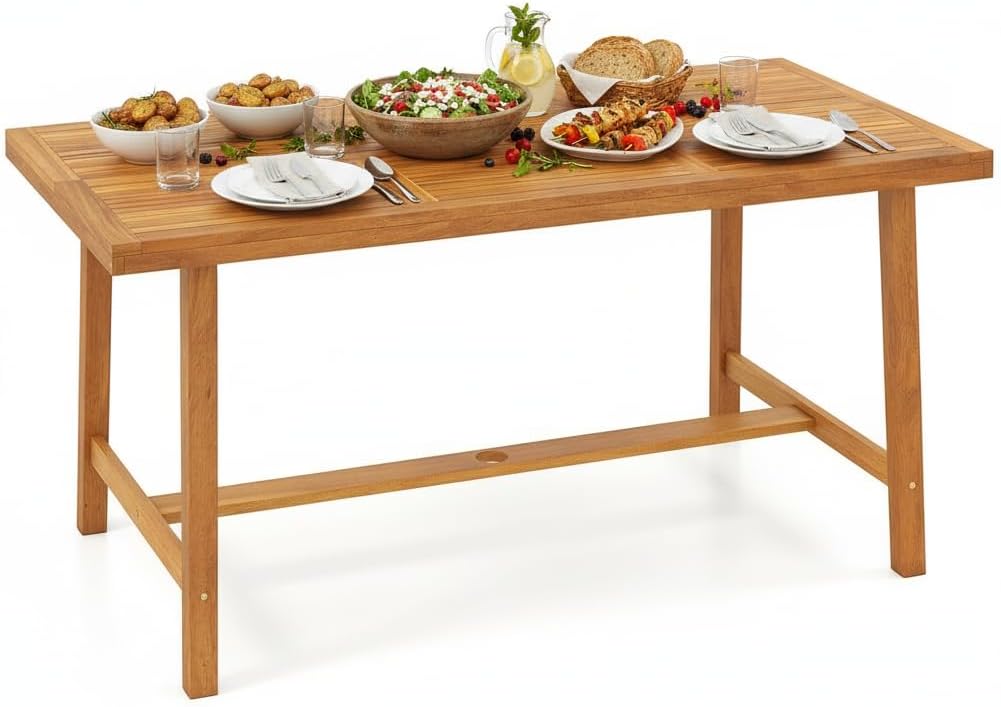 Tangkula 63-Inch Acacia Wood Patio Dining Table for 6, Heavy-Duty Indoor Outdoor Rectangular Table with 1.97" Umbrella Hole, Large Farmhouse Outside Dining Table for for Backyard, Garden, Porch, Deck