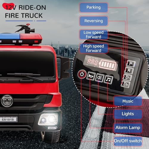 Arlopu 12V Ride on Fire Truck, Electric Car for Kids w/Remote Control, Battery Powered Ride on Toys w/Headlights, Siren-Call, Spring Suspension, Toy Gun