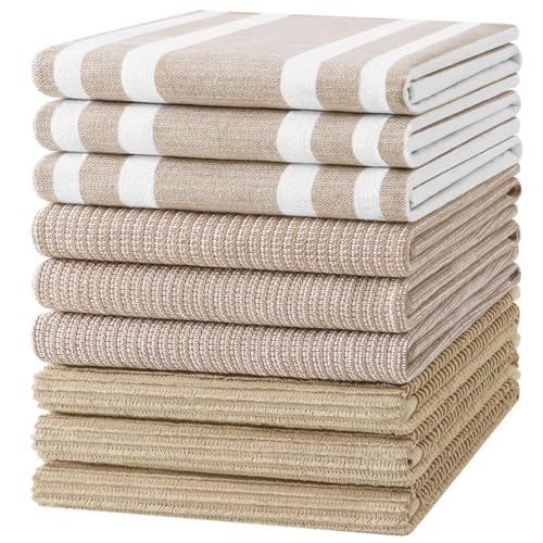 Image of Homaxy Premium Kitchen Towels(18 inchx 28 inch, 9 Pack), Large Cotton 380 GSM Kitchen Hand Towels, Soft and Absorbent Terry Dish Towels, Multipurpose Tea Towel Set with Hanging Loop, Khaki
