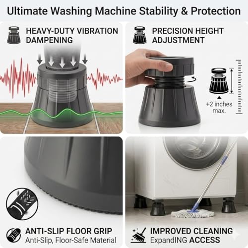 Image of Washing Machine Stand with Anti Vibration Pads, Height Adjustable, Non-Slip Rubber Base, Noise Reduction, Black Grey