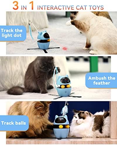PETTOM Interactive Cat Toys for Indoor Cats 3 in 1, Automatic Cat Toy - 2022 Upgrade with Rotating Feather Tracks Ball, Kitten Toys Interactive USB Rechargeable, Best Gift for Cats (Blue)