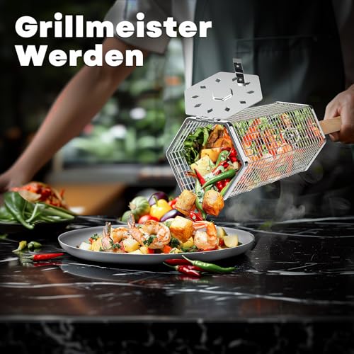 ivtivfu Nestbar Rollender Grillkorb, Abnehmbarer Holzgriff, Edelstahl 304, Outdoor Küche Grill Zubehör für Gemüse, Garten Camping Gadgets für Gasgrill, Geschenke Geburtstagsgeschenk für Männer Papa