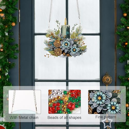 Image of AiYuanzsh Large 5D DIY Christmas Diamond Painting Hanging Ornament Kit | Crystal Diamond Art Pendant, Candle and Floral Decoration, 24.1 x 21.9 cm, Holiday Wall, Window & Door Hanging