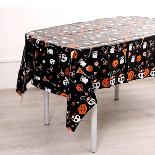 Halloween Table Cloth,138 x 274 cm Halloween Table Decorations,Halloween Decorations Indoor Outdoor Party Home Decorations PVC Tablecloths with Pumpkin Ghosts Skull Rectangular Waterproof Tablecover