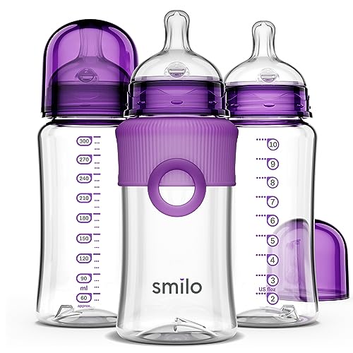 Smilo Baby Bottles, Plum, Smooth Flow Anti-Colic Feeding, 10 Ounce with Stage 0 Nipples (Pack of 3)