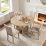 leovanni Solid Wood Round Dining Table Set for 4, Kitchen Table Set with 4 Upholstered Chairs, 5-Piece Wood Dining Table and Chairs Set for Kitchen, Dining Room, Living Room